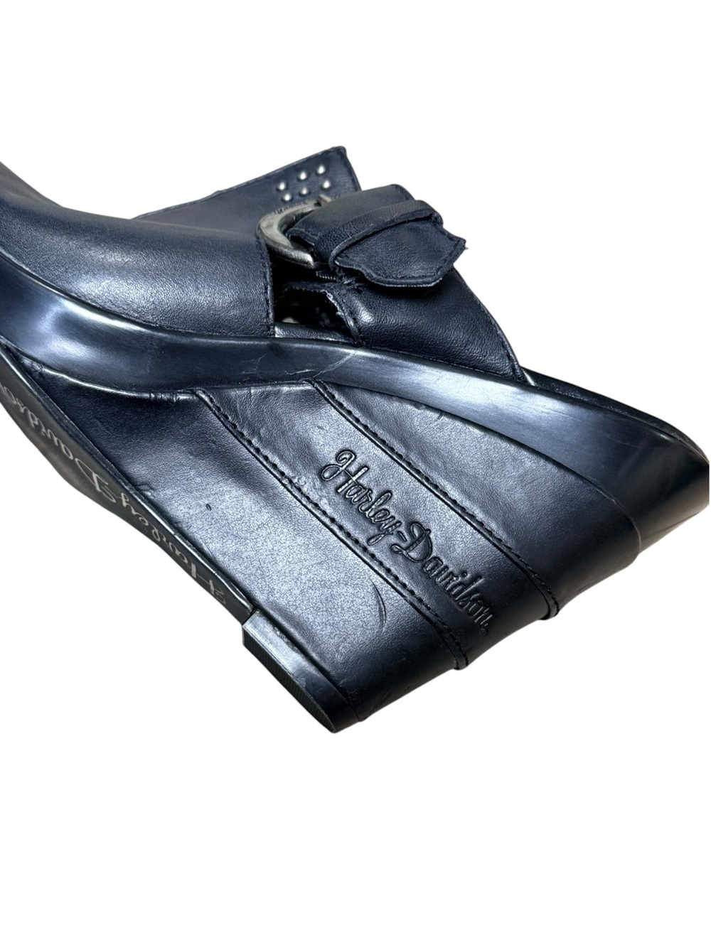 Harley-Davidson Leather Wedge Mule Clogs Black Studded Buckle Women’s 7 - Picture 13 of 13